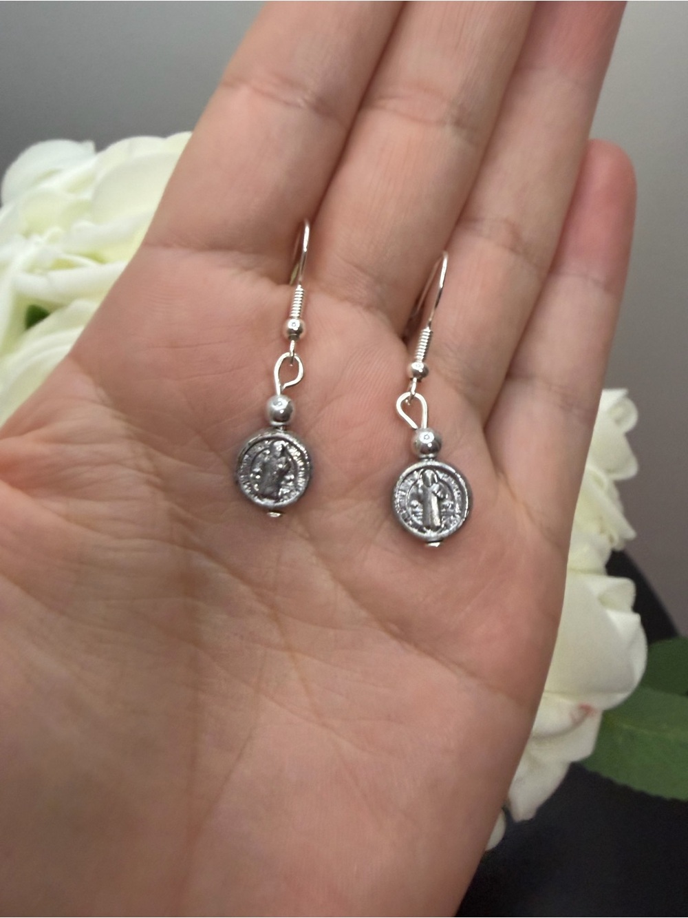 Silver tone medal Drop Earrings - Silver